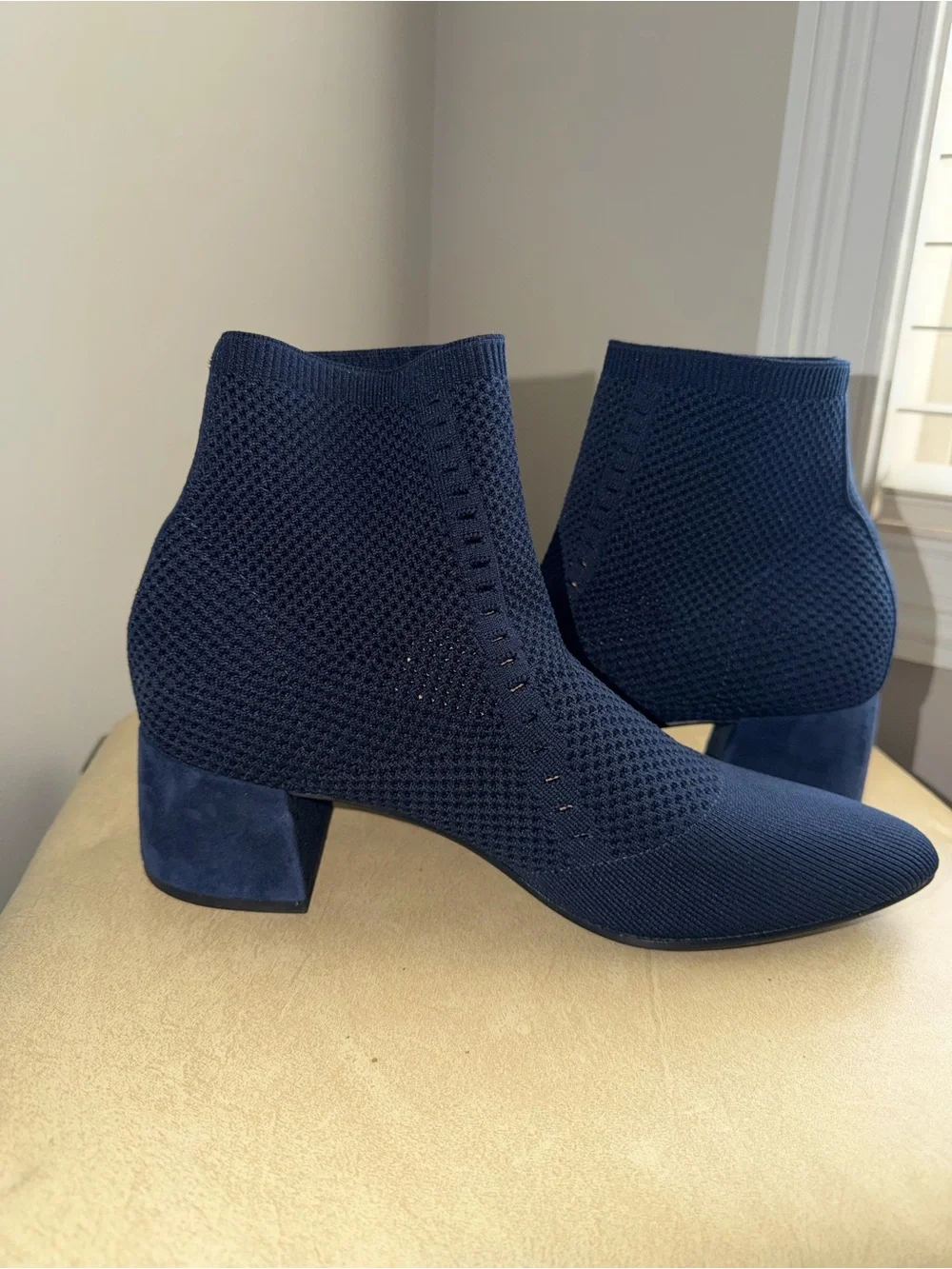 Eileen Fisher Navy Knit Sock Ankle Boots Size 10 Block Heel Pointed Toe Stretch